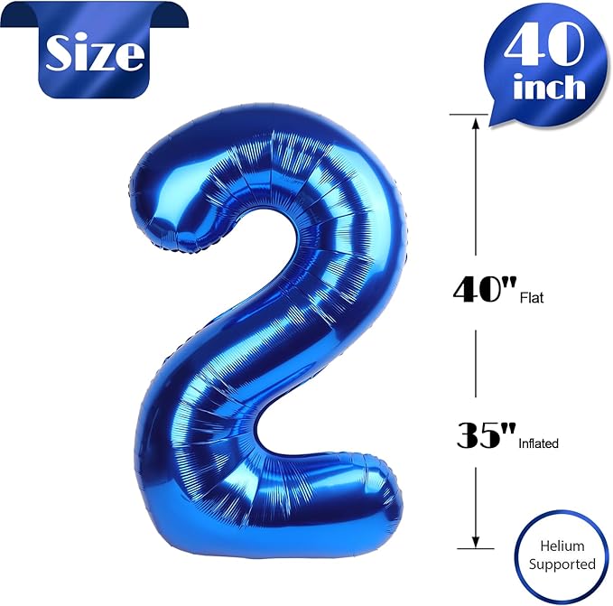 Metallic Blue Number 2 Balloon 40 Inch, 2nd Birthday Decoration for Toddlers Girls Boys, Sparkling 2 Number Balloon Party Decor