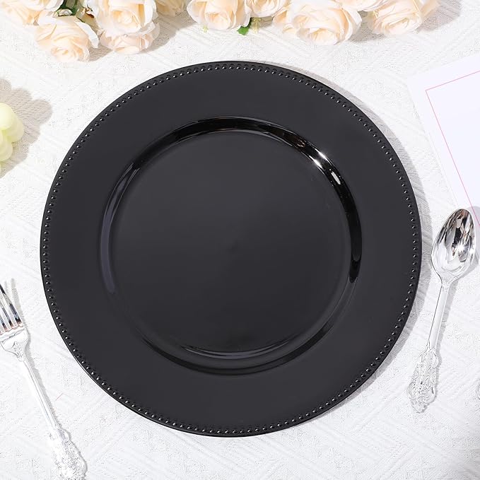Jinei 36 Pack Black Charger Plates 13 Inch Plastic Beaded Round Charger Plates Wedding Table Decoration Reusable Dinner Plate Tray for Birthday Party Holiday Event