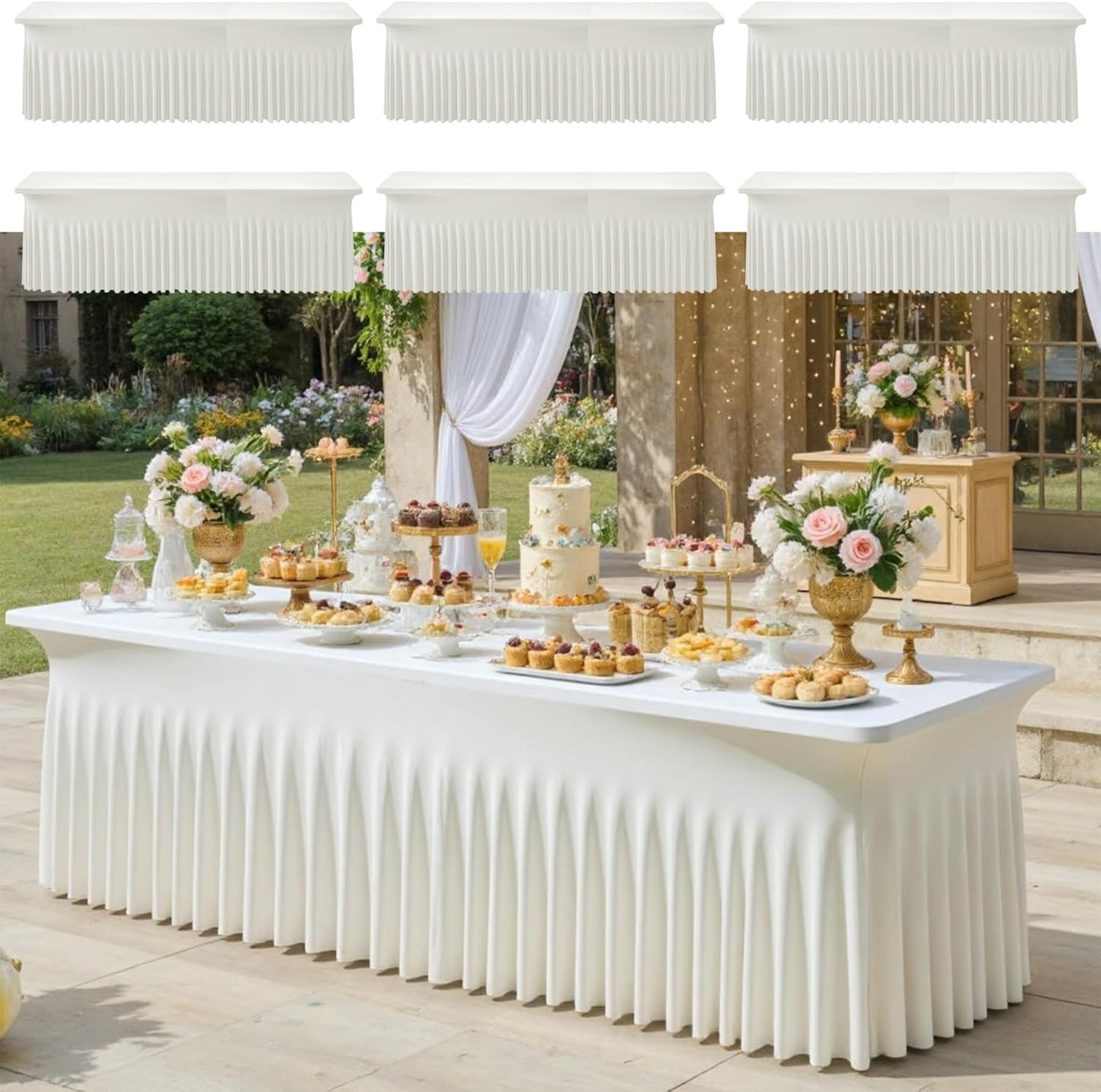 6pack Ivory Spandex Tablecloths 8ft for Rectangle Tables, Wrinkle Free Classy Table Skirt Stretchy 8 Foot Fitted Table Cloths Covers for Weddings Birthday Party Events Banquette Baby Shower