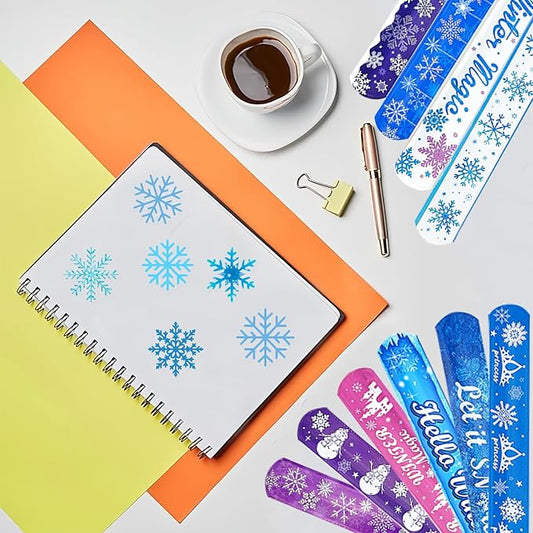 74Pcs Snowflake Theme Party Favors Contain 24 Pcs Snowflake Theme Slap Bracelets 50Pcs Snowflake Theme Stickers, Ice and Snow Theme Birthday Party Decorations