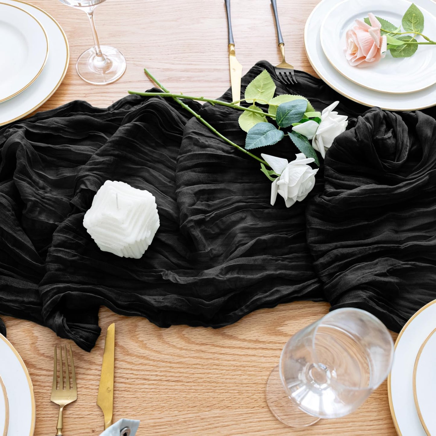Wokceer Cheesecloth Table Runner Black 10FT Boho Gauze Christmas Cheese Cloth Table Runner for Party Long Rustic Sheer Table Runners for Baby Bridal Shower Wedding Easter Table Decor