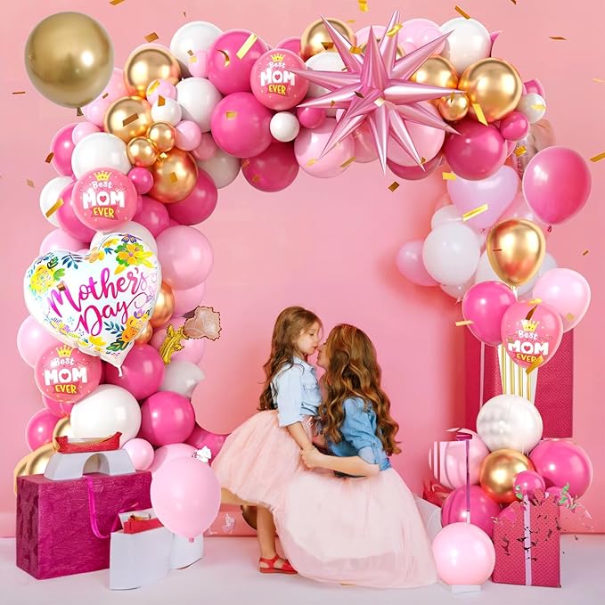 Mother's Day Balloon Arch, Hot Pink metallic Gold Balloon Garland Kit with Large Mon Printed Foil Balloons, Pink Mother Star Foil Balloons for Mom's Day Party Decorations