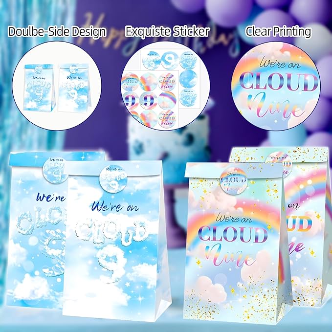 Inshinern Rainbow Clouds 9th Birthday Party Favors We're on Cloud Nine Birthday Goodie Bag Candy Treat Bags for Women Rainbow Themed Party Decor Engagement Party Supplies(12 Pcs)
