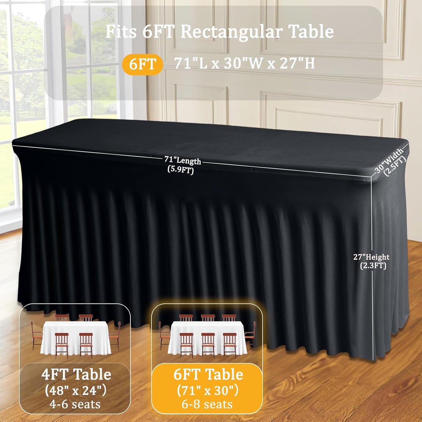 JCJ Table Skirt for Rectangle Tables Set of 4 Spandex Fitted Black Tablecloths for 6FT Tables, Wrinkle Resistant Ruffles Elastic Table Cover Skirts for Teacher Desk Weddings Banquets Parties