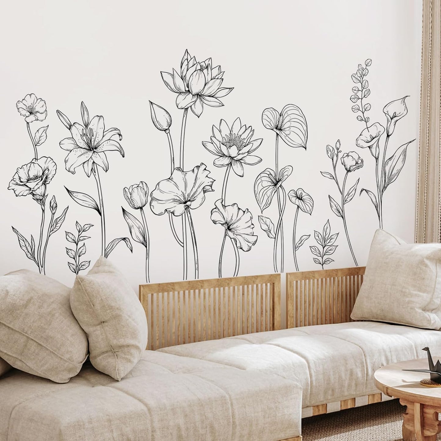 Large Black and White Flower Wall Decals Simple Modern Minimalist Garden Flower Wall Stickers Peel and Stick Floral Wall Art Decor for Girls Bedroom Living Room Office Adult Home Decor Gift for Mom