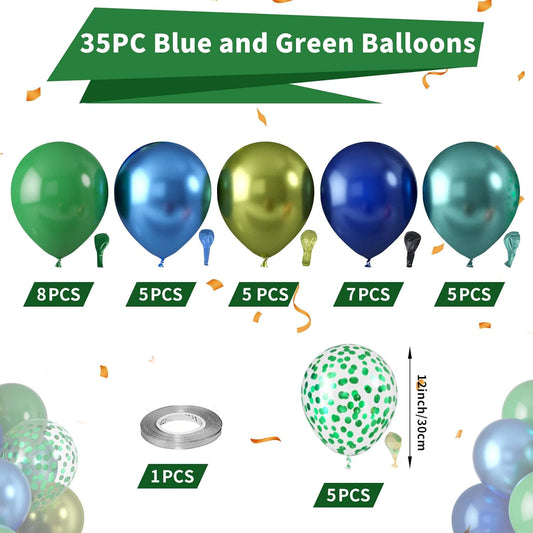 Blue and Green Balloons, Dark Green Metallic Balloons and Royal Blue Balloon, Metallic Blue Green Confetti Balloon for Boy Birthday Baby Shower Jungle Safari Theme Wedding Party Supplies