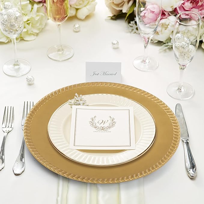 Suwimut 12 Pack Plastic Gold Charger Plates, 13 Inch Reusable Round Beaded Charger Plates, Decorative Dinner Chargers Bulk Serving Plate for Wedding, Party, Catering Event, Tabletop Decor