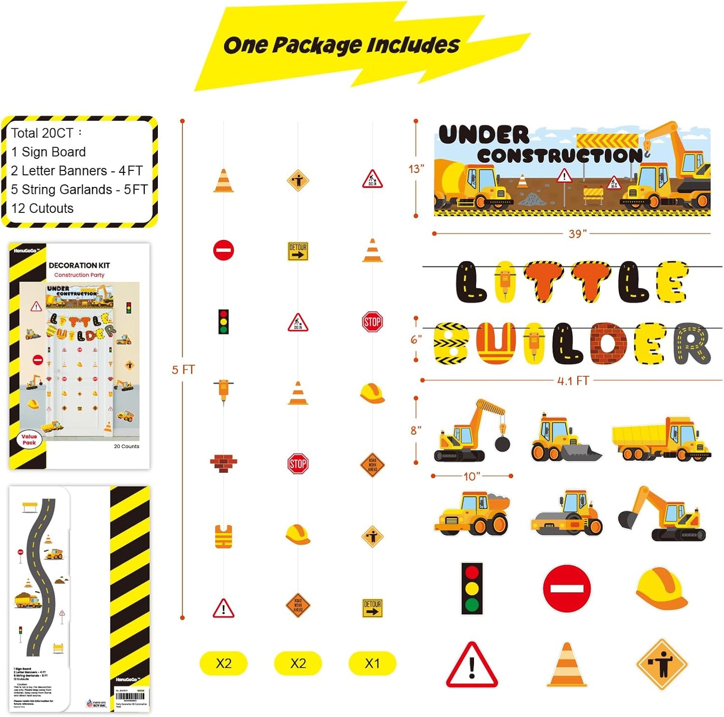 Construction Party Decorations, 20PCS Under Construction Banner Kit with Hanging Signs, Banners, Cutouts and Door Décor, Pre-Strung Building Theme Decor for Birthday or Event Setup