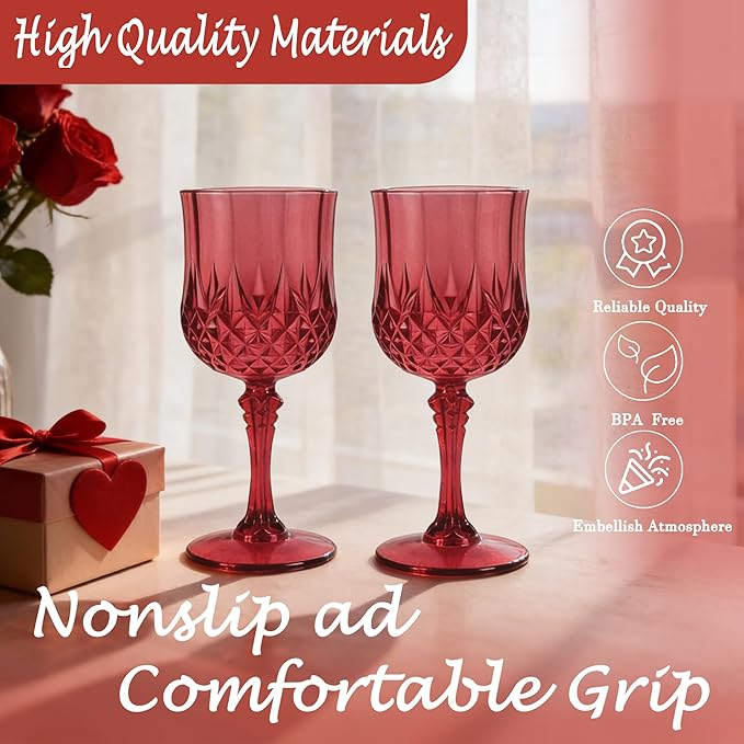 Plastic Wine Glasses, Plastic Goblets Vintage Style Cordial Unbreakable Drinking Glasses, Reusable Drinkware for Wedding Reception, Grand Event Party Supplies, Easter (12, Scarlet Rose)