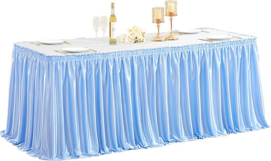 Wish Care 9ft Baby Blue Satin Table Skirt for Rectangle Tables Wrinkle Free Glitter Desk Skirts Pleated Ruffle Table Cloth for Baby Shower Gender Reveal Birthday Shark Theme Party Cake Table Decor