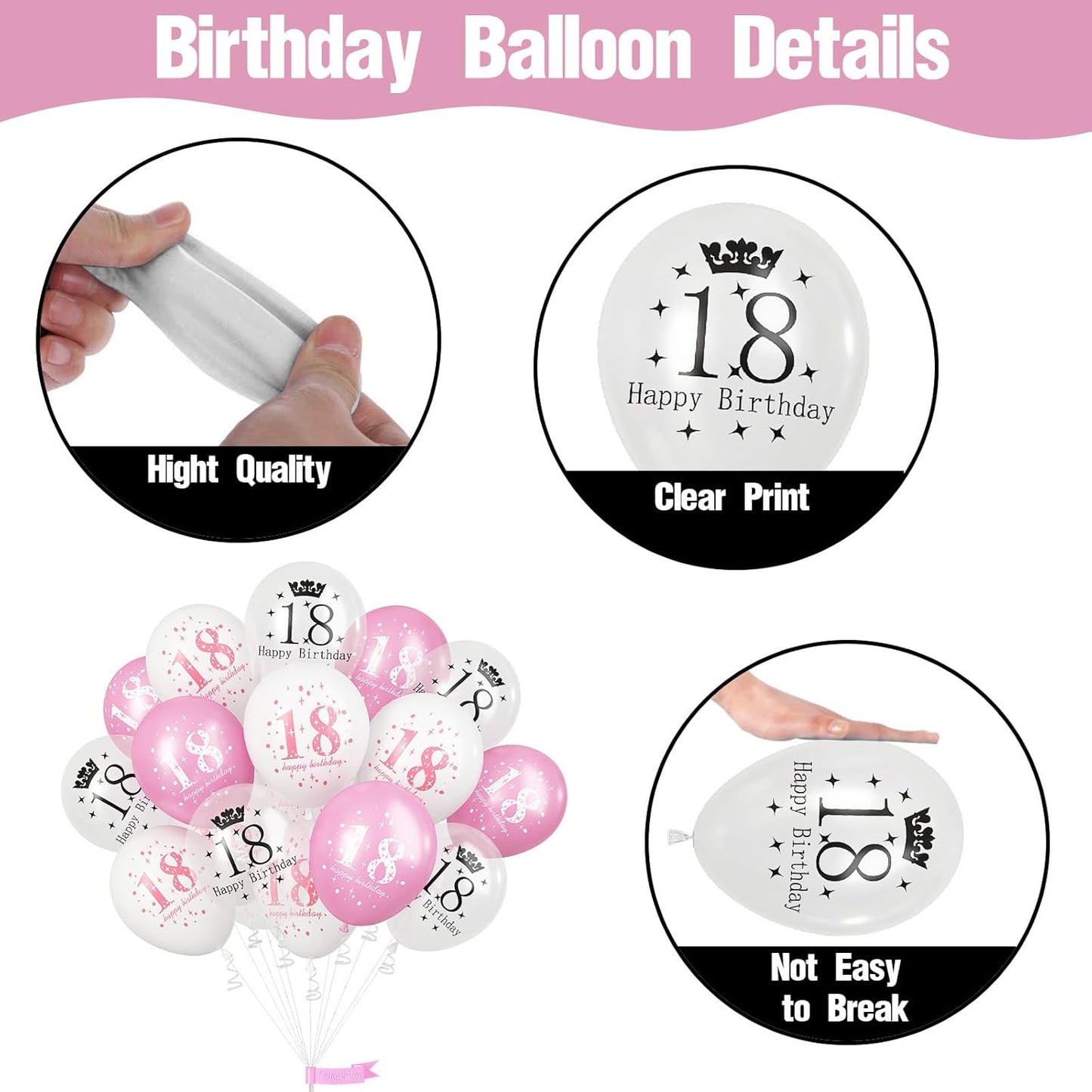 Happy 18th Birthday Balloons for Girls, Pack of 15 Pink White 18th Birthday Party Decorations for Her, 12 Inch 18th Latex Helium Balloons for Girls Age 18 Year Old Birthday Party Decorations Supplies