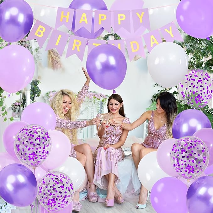 Lavender Purple Balloons, 60 Pcs 12inch Metallic Balloons Lavender Lilac Confetti Balloons with Purple Ribbons Set for Birthday Bridal Shower Wedding Party Decorations