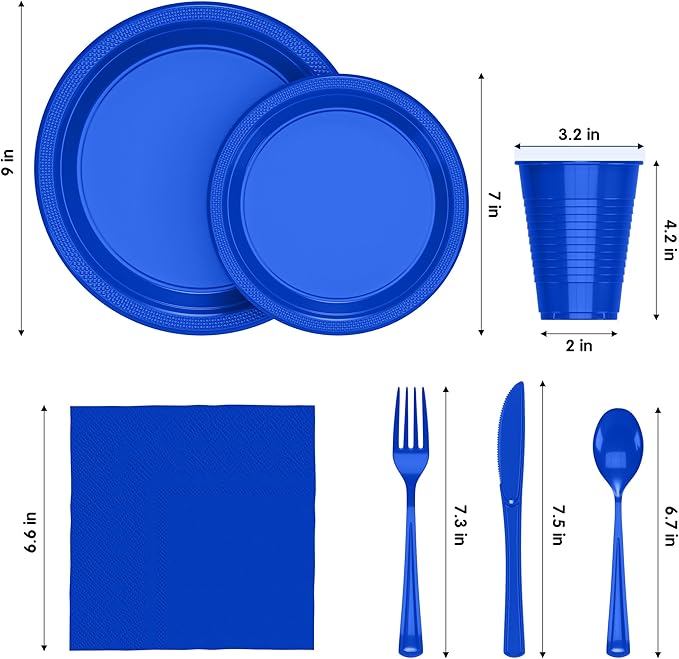 350 Pcs Dark Blue Plastic Plates For Party, Dark Blue Disposable Plates Set, 50 Of Each 9" Dinner Plate Set, 7" Dessert Plate, Cups, Napkins & Cutlery Plastic Dinnerware Exquisite