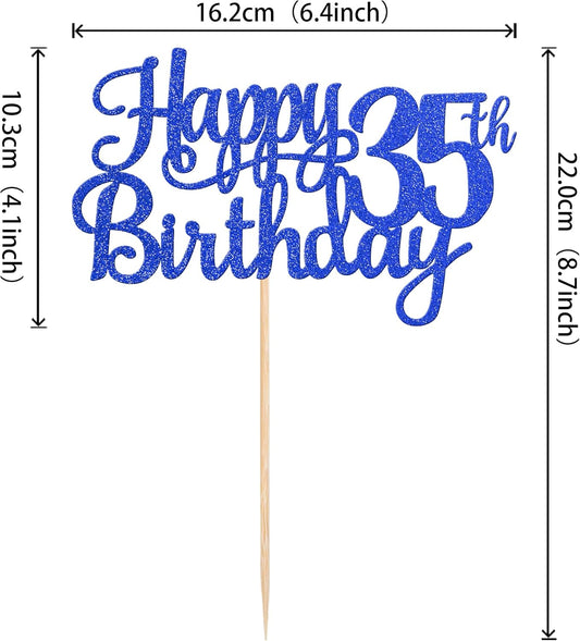 1 PCS Happy 35th Birthday Cake Topper Glitter Cheers to 35 Years Birthday Cake Pick Thirty Five 35 Fabulous Cake Decoration for Happy 35th Birthday Theme Party Decorations Supplies Blue