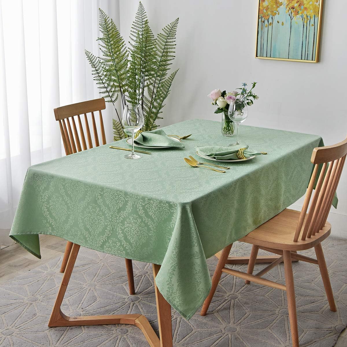 maxmill Jacquard Tablecloth Damask Design Spillproof Wrinkle Free Heavy Weight Soft Table Cloth Decorative Fabric Table Cover for Outdoor and Indoor Use Oblong 60 x 120 Inch Sage Green