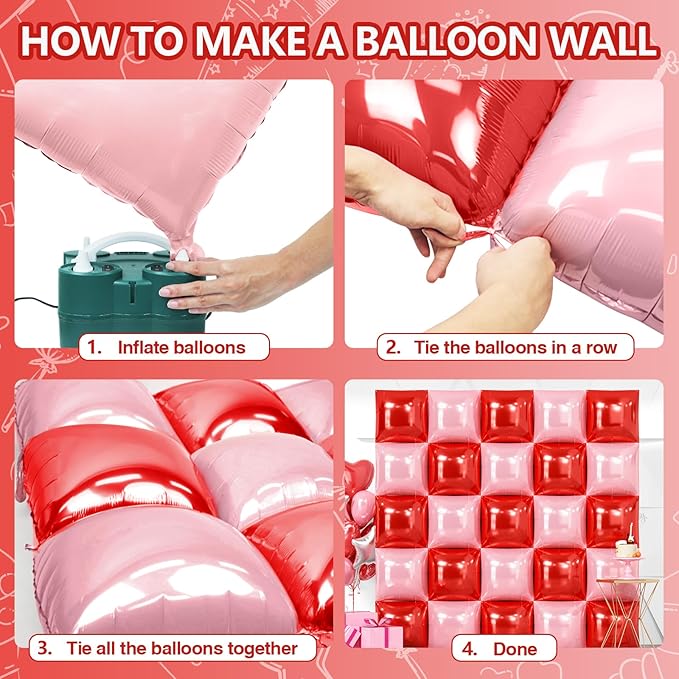 NISOCY 25PCS Red and Pearl Pink Square Foll Balloons Wall Backdrop Double Sided Red Pink Balloon Arch Kit for Birthday Bachelorette Anniversary Engagement Valentine's Day Strawberry Party Decoration