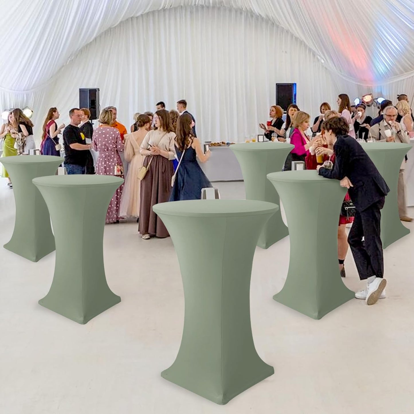 Cocktail Table Covers-Spandex Round High Top Table Cloths 6 Pack 32x43 Inch-Sage Stretch Fitted Bar Tall Tablecloth for Pub Bistro Highboy Party Event Banquet Height Folding Satnding Tables