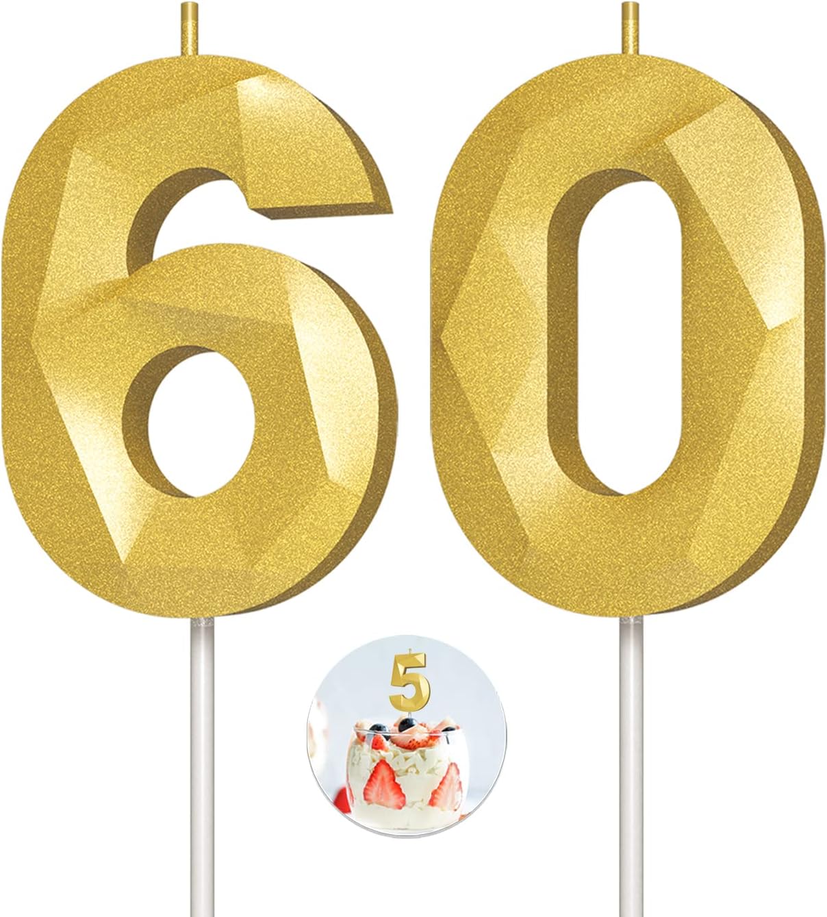 Number Birthday Candles(60 Candle Gold) 3D Diamond Shape Number Happy Birthday Cake Candles for Birthday Party Wedding Decoration Reunions Theme Party