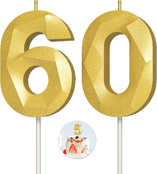 Number Birthday Candles(60 Candle Gold) 3D Diamond Shape Number Happy Birthday Cake Candles for Birthday Party Wedding Decoration Reunions Theme Party