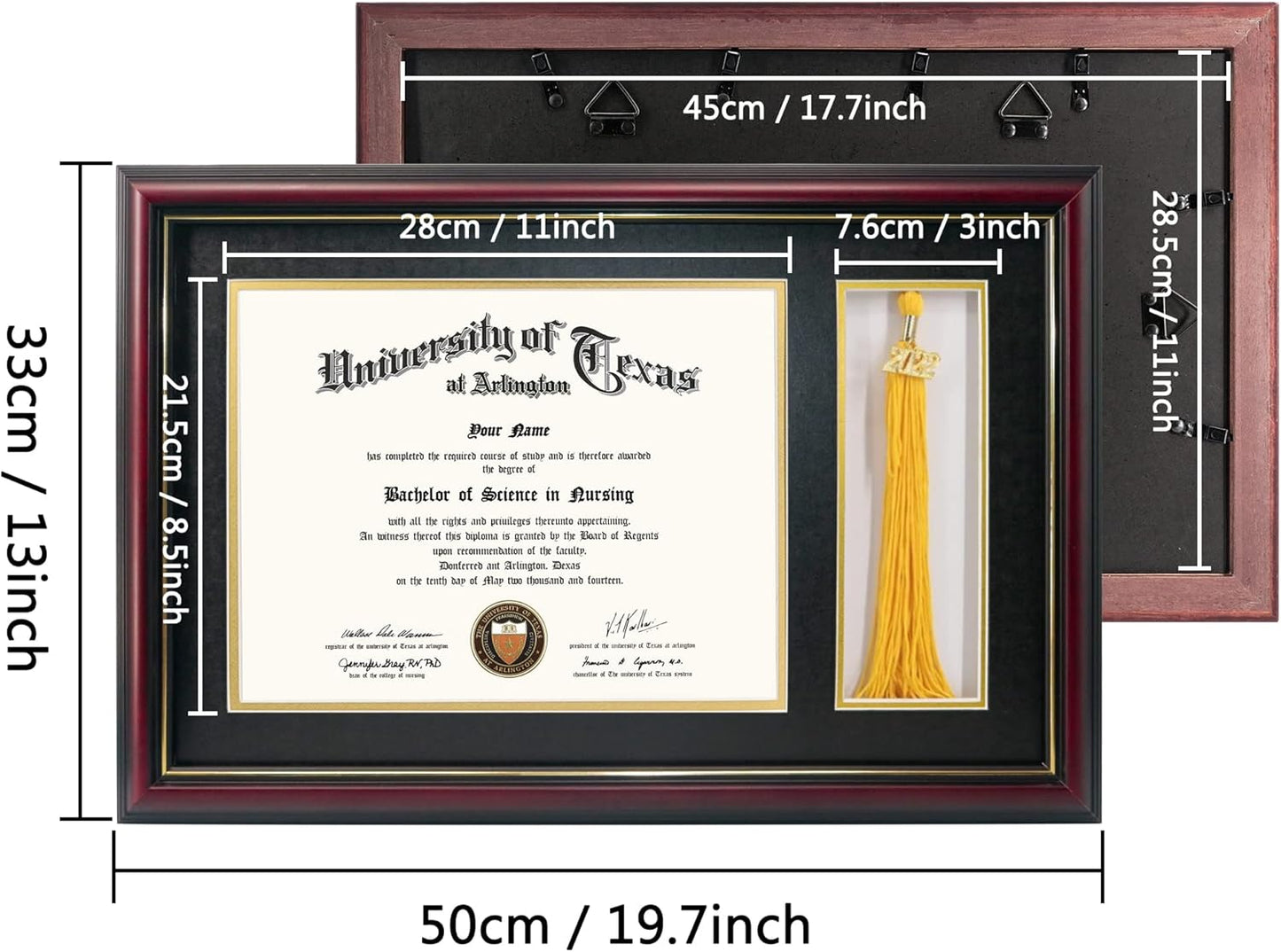 GraduationMall 11x17 Cherry Wood Diploma Frame with Tassel Holder for 8.5x11 Certificate Document,Real Glass,Black over Gold Mat