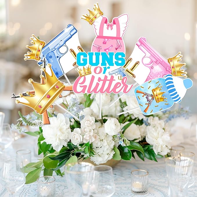 Guns or Glitter Gender Reveal Decorations, 24 Piece Guns or Glitter Table Centerpiece Stick Table Topper Pink and Blue Decor for Gender Reveal Baby Shower Party Supplies