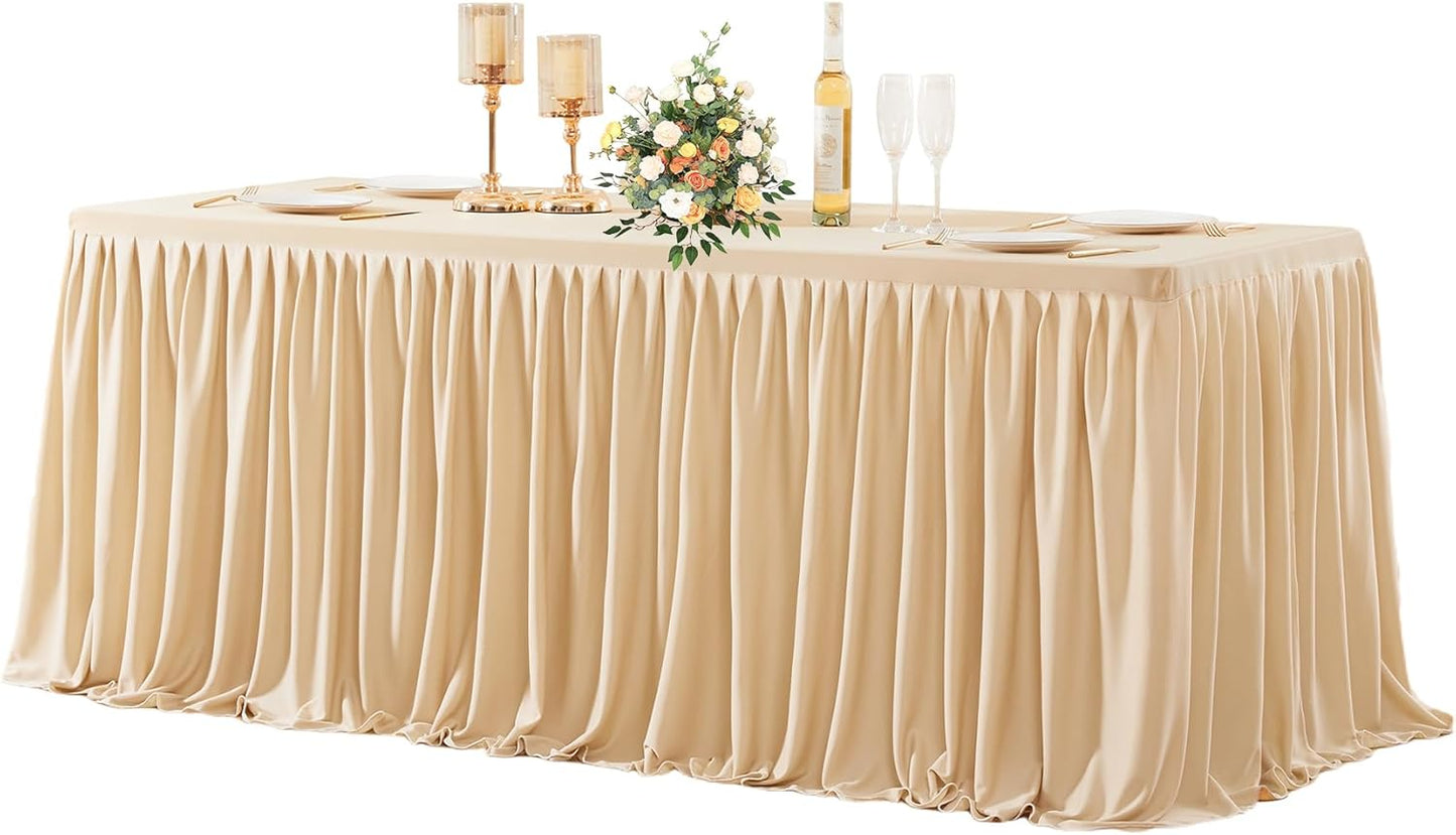 Deep Champagne Polyester Table Clothes for 4 Foot Rectangle Tables, Wrinkle Free Fitted Table Cover with Pleated Ruffle Table Skirt for Birthday Party Wedding Trade Show Event Display