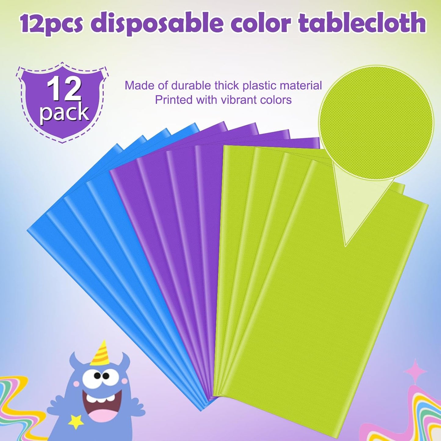 12 Pack Monster Plastic Tablecloth for Rectangle Tables, Blue Green Purple Disposable Table Cover, Rectangle Table Cloth for Birthday Monster University Party Supplies Decorations, 54 x 108 Inch