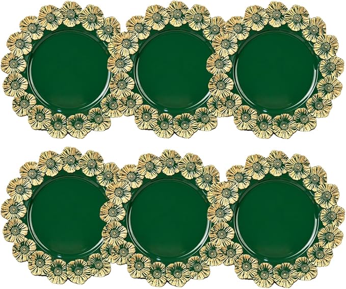 Green Charger Plates with Flower Rim, 13" Round Charger for Dinner Plates, Set of 6 Plastic Plate Chargers for Halloween, Thanksgivng, Christmas.