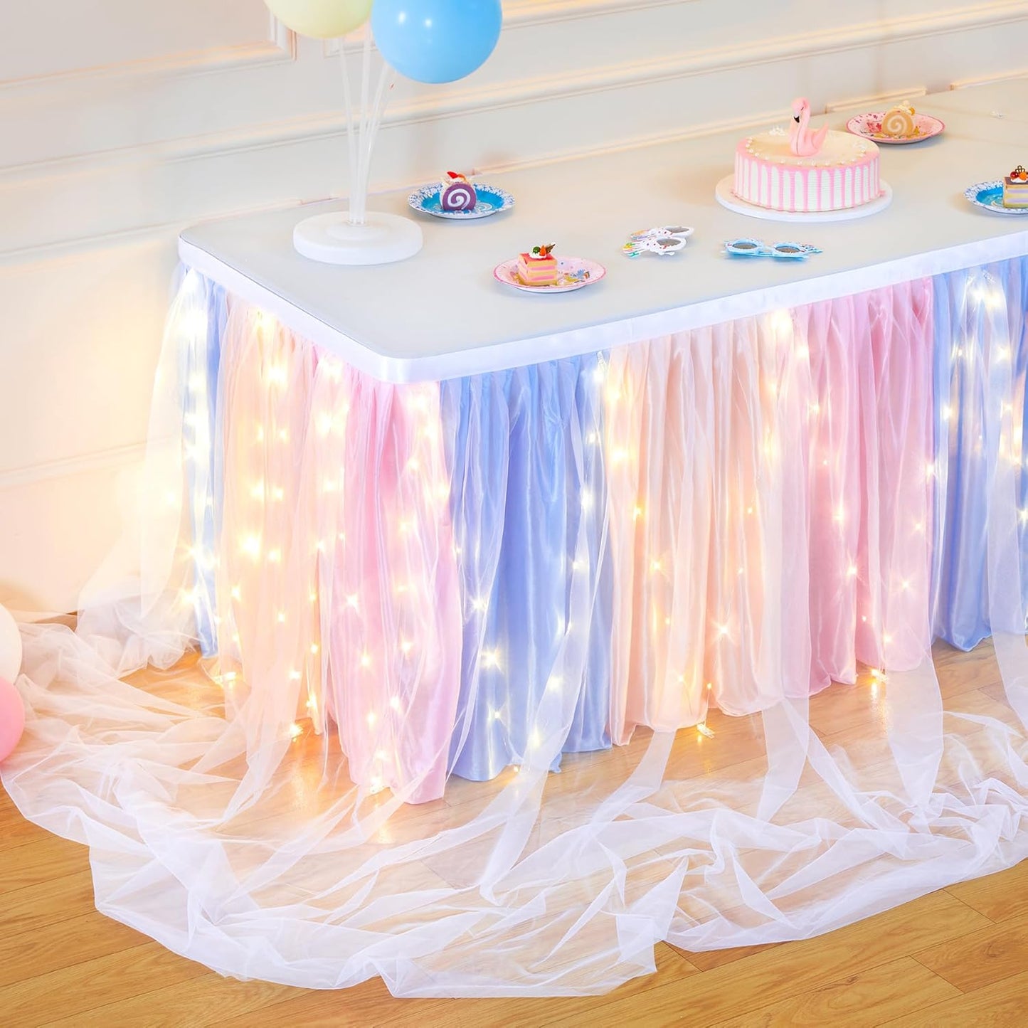 14FT Rainbow Tulle Table Skirt for Rectangle or Round Tables Rainbow Tutu Table Skirt with LED Lights for Princess Birthday Party Baby Shower Gender Reveal Wedding Banquet Cake Dessert Decorations