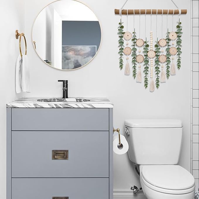 Boho Wall Decor Artificial Eucalyptus Bathroom Decor Fake Eucalyptus Greenery Leaves Stems Wall Hanging Plants on 16.5 inch Wooden Stick with Wooden Bead Rustic Farmhouse for Bedroom Nursery Kitchen