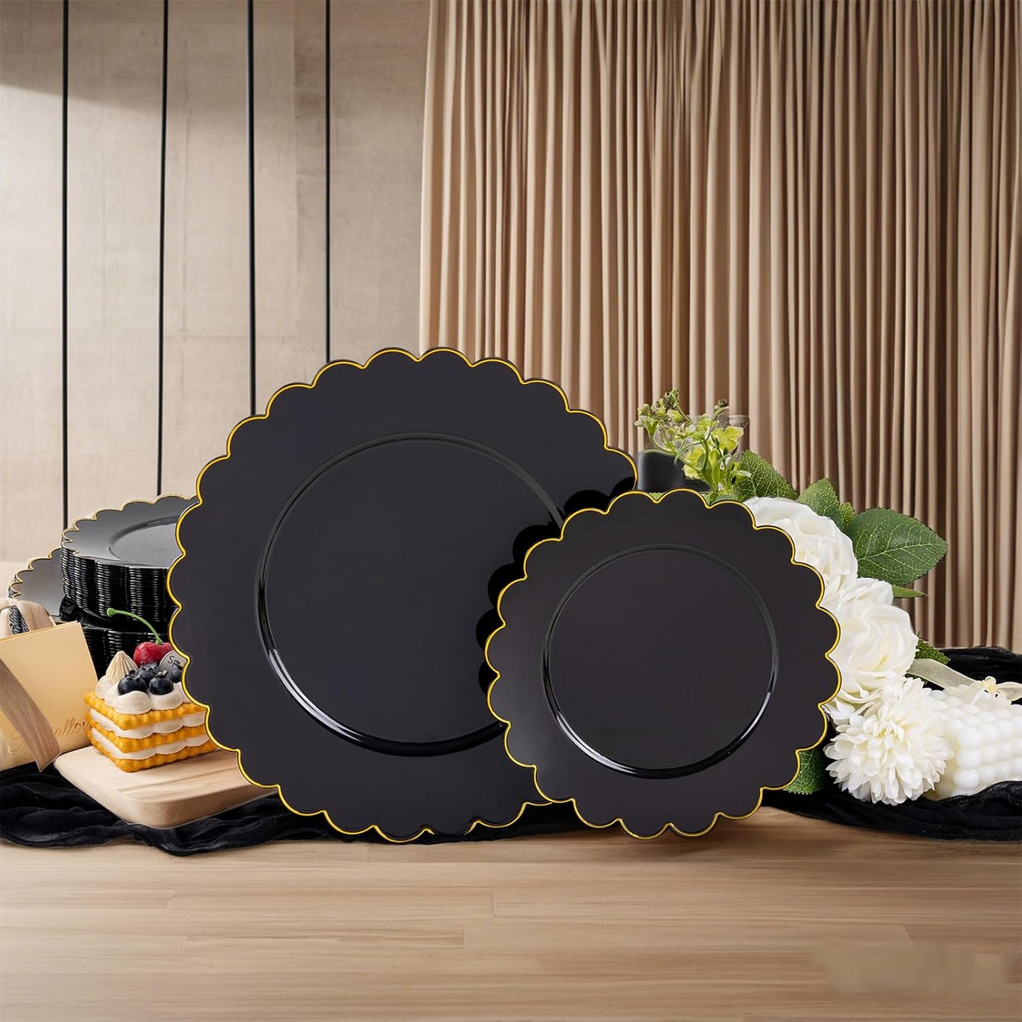 supernal 100pcs Black and Gold Plastic Dinnerware Set - Scalloped Disposable Plates Heavy Duty Gold And Black Plastic Plates Service for 50 Guests,Perfect for Party Birthday Wedding Festival