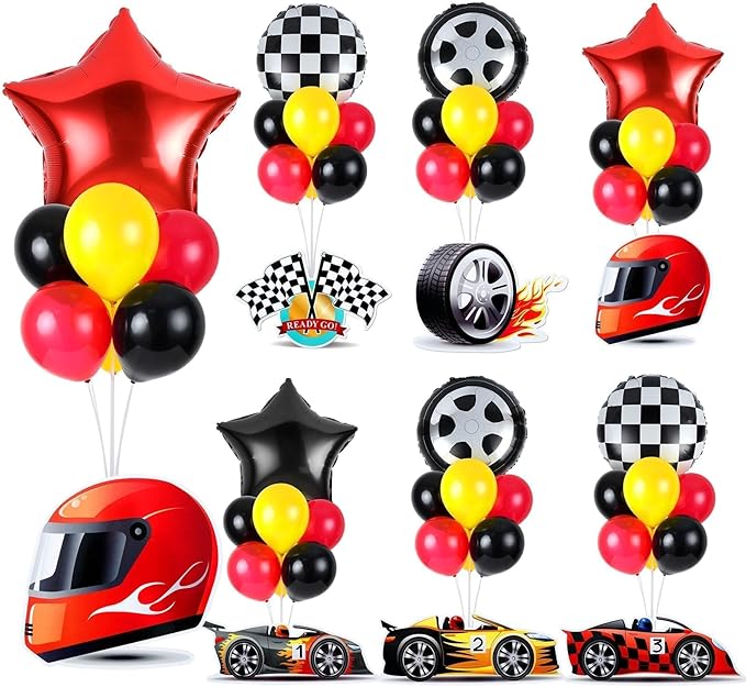6 Sets Race Car Party Balloons Stand Kit Racing Car Table Centerpieces Decor Red Black Yellow Balloon Race Car Birthday Party For Boys Let's go Birthday Racing Sports Themed Decorations