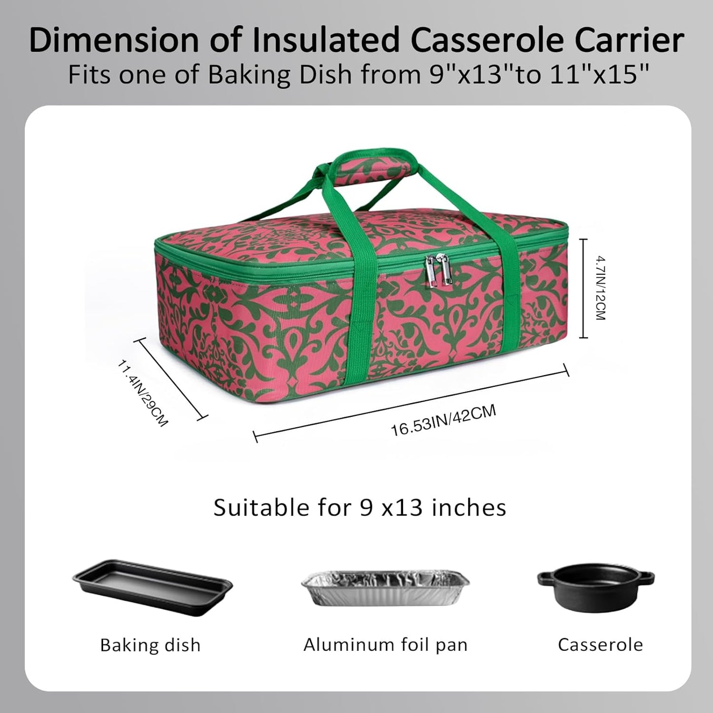 Lestyn Insulated Casserole Baking Dish Carrier Portable Lunch Tote Bag Fits Up to 9"x13" Pan for Transport to Keep Food Hot/Cold for Gathering/Potluck Parties/Cookouts/Picnics - Pink/Green