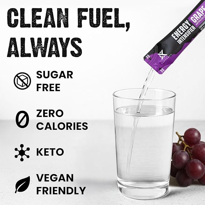 CardoMax - Energy Drink Packets - Liquid Preworkout for Men & Women Caffeine Packets with BCAA, Vitamin B12, Vitamin B6 & B3 - Sugar-Free, Zero Calorie, Vegan & Keto - 15 Stick Packs - Grape