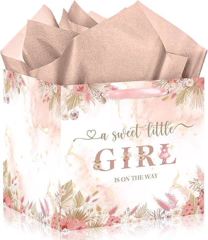 Large Boho Baby Girl Gift Bag, Baby Shower Square Gift Bag Pink Floral Jumbo Gifts Bag with Tissue Paper A Sweet Little Girl is on The Way Wrapping Paper Bag for Baby Shower Gender Reveal Party Favors
