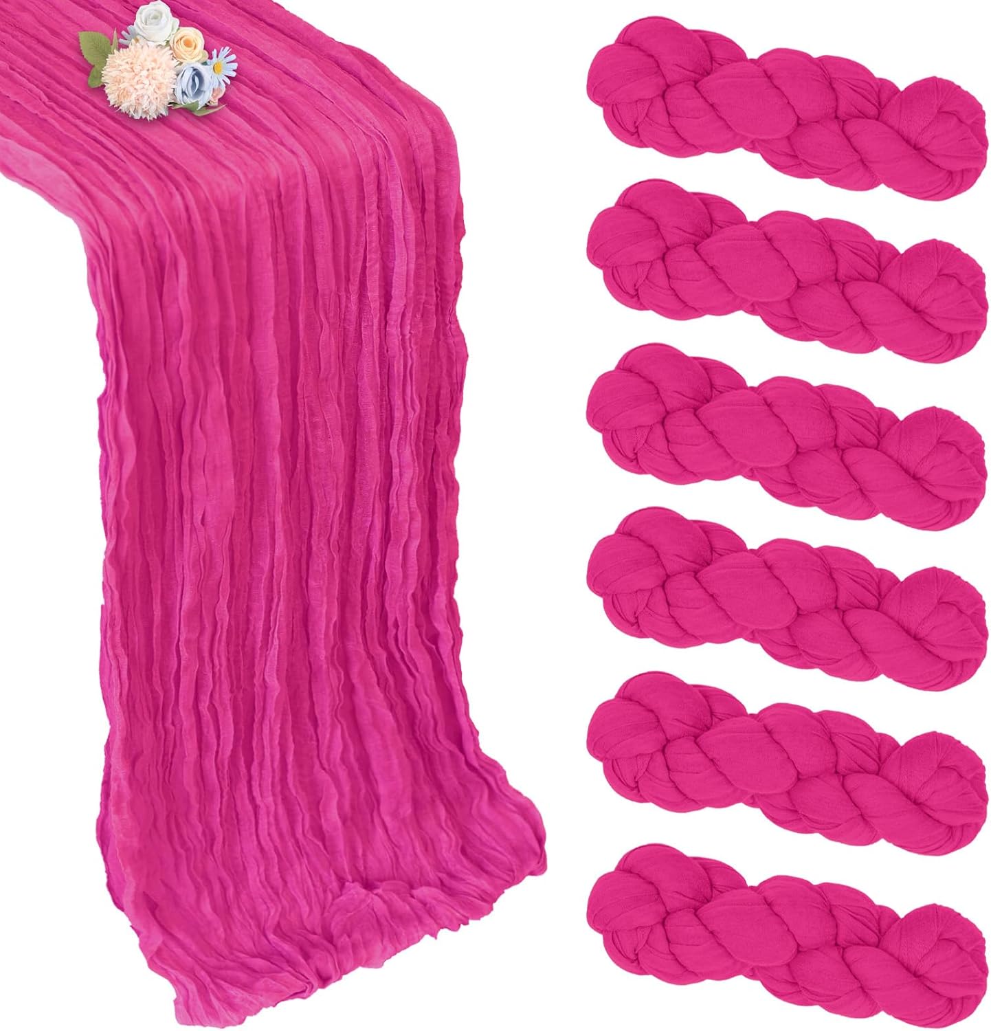6 Pack Hot Pink Cheesecloth Table Runner 10ft Boho Gauze Fabric Cheese Cloth Table Runner 35 x 120 Inch Rustic Sheer Runner for Romantic Wedding Decor Baby Shower Party Table Centerpiece Decoration