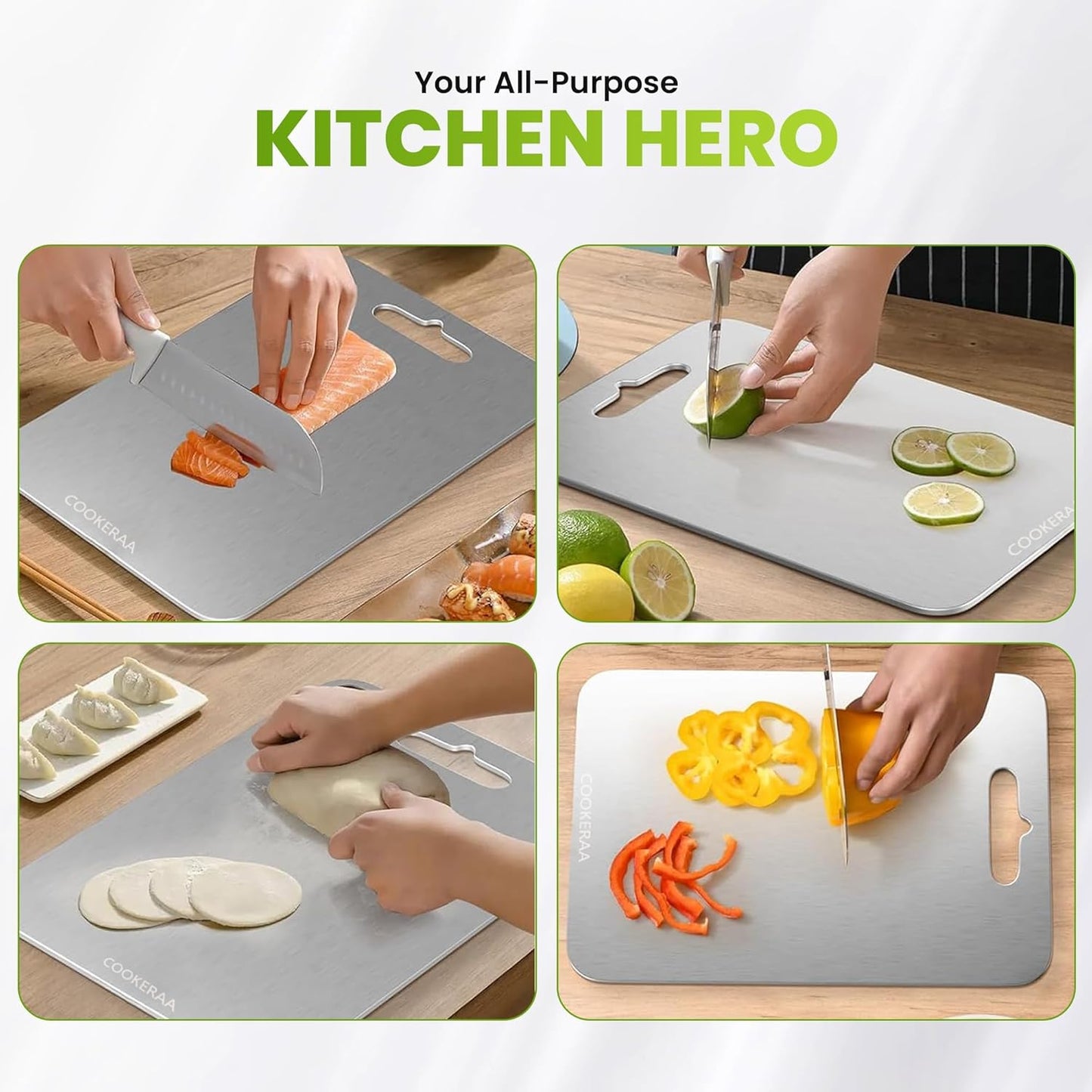 Titanium Cutting Board with Anti-Slip Silicone Pad & Multipurpose Scraper, Food Grade Rustproof Stainless Steel Cutting Board Kitchen Set, Space Saving Design, Non-Skid Bottom (11.4" x 7.8")