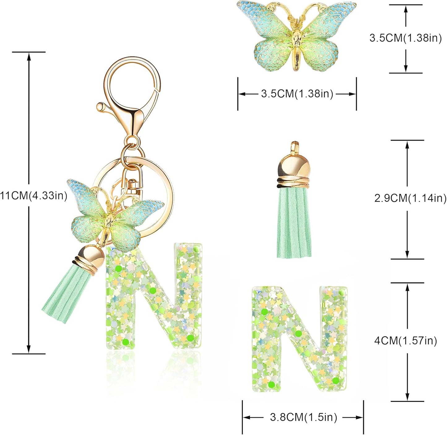 Fashion Alphabet Initial Letter Keychain Tassel Butterfly Pendant Key Ring for Purse Handbags Women Girl