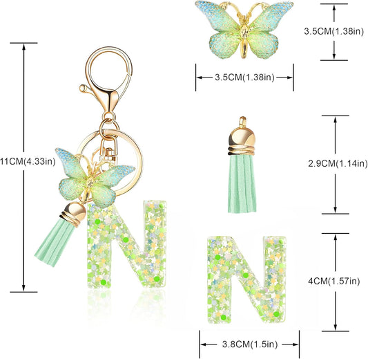 Fashion Alphabet Initial Letter Keychain Tassel Butterfly Pendant Key Ring for Purse Handbags Women Girl