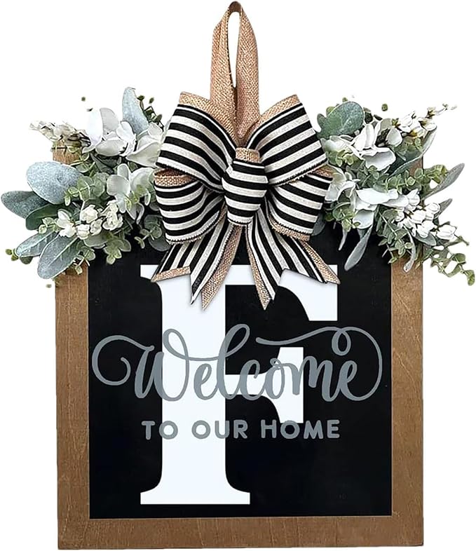 Last Name Year Round Front Door Wreath Front Porch Decoration 26 Letter Welcome Sign with Eucalyptus Garland and Bow Spring Wreaths for Front Door Outside Hanger Garland（F）