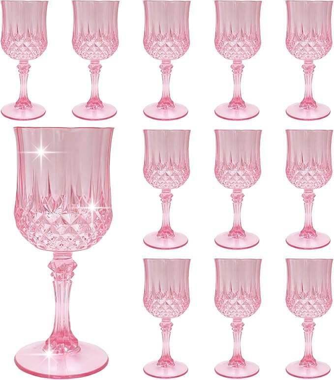 Plastic Wine Glasses, Plastic Goblets Vintage Style Cordial Unbreakable Drinking Glasses,Reusable Drinkware for Wedding Reception, Grand Event Party Supplies, Easter (12, Pink)