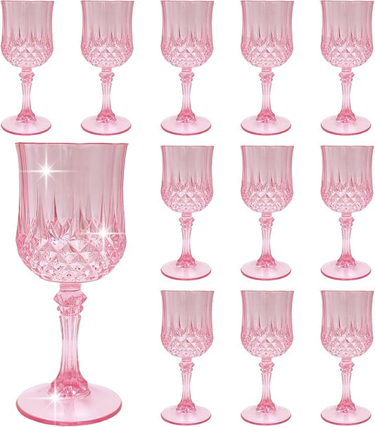Plastic Wine Glasses, Plastic Goblets Vintage Style Cordial Unbreakable Drinking Glasses,Reusable Drinkware for Wedding Reception, Grand Event Party Supplies, Easter (12, Pink)