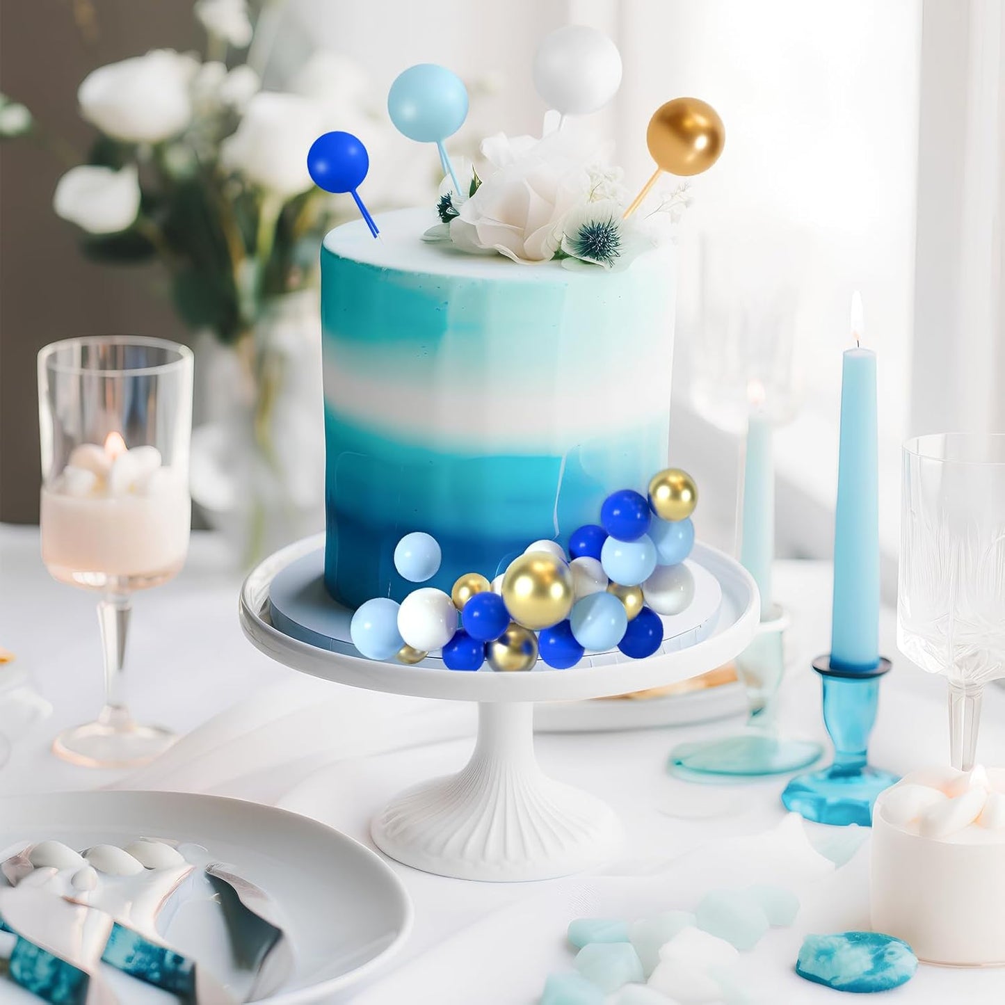 138 Pcs Cake Topper Decorations - Balloon Cupcake Toppers, Foam Balls for Birthday Party, Wedding Anniversary Cake Decor (Assorted Blue, White, Gold)