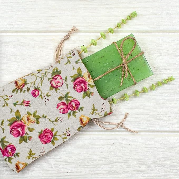 Mandala Crafts 5X7 Inch Rose Burlap Drawstring Gift Bags for Favors - 50 Small Floral Linen Sacks Gift Pouches for Candy, Coffee, Jewelry, Wedding, and Party Supplies
