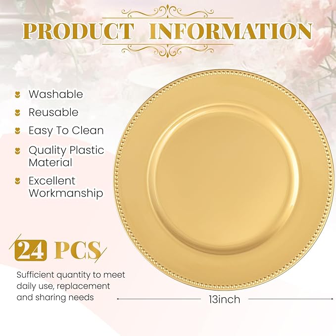 24 Pcs Gold Charger Plates Bulk, 13" Round Beaded Plate Chargers for Dinner Plates, Decorative Dinner Chargers Plastic Table Chargers for Wedding Holiday Party Baby Shower Event Decoration (Gold)