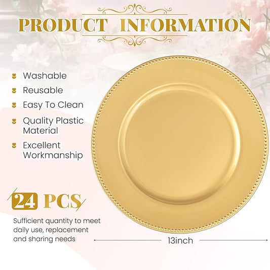 24 Pcs Gold Charger Plates Bulk, 13" Round Beaded Plate Chargers for Dinner Plates, Decorative Dinner Chargers Plastic Table Chargers for Wedding Holiday Party Baby Shower Event Decoration (Gold)