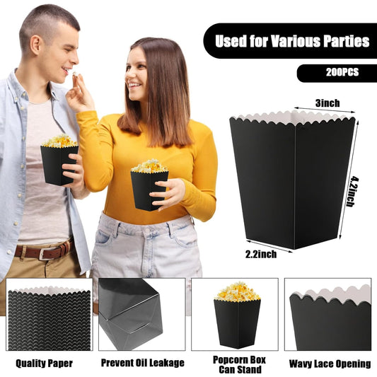 200 Pcs Mini Popcorn Boxes for Party Black Popcorn Bags Cardboard Popcorn Cups Disposable Snack Candy Popcorn Containers Holder for Halloween Christmas Birthday Wedding (2.2 x 4.2 x 3 Inches)