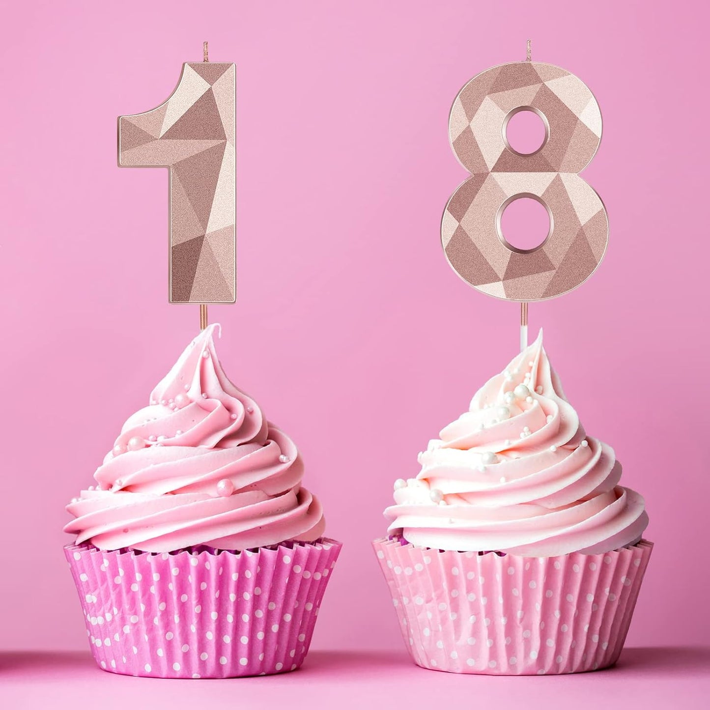 18th Birthday Candles, Rose Gold 3D Diamond Shape Number 18 Candles Happy Birthday Cake Topper Decoration for Wedding Decor Theme Party Anniversary, 2 Inch