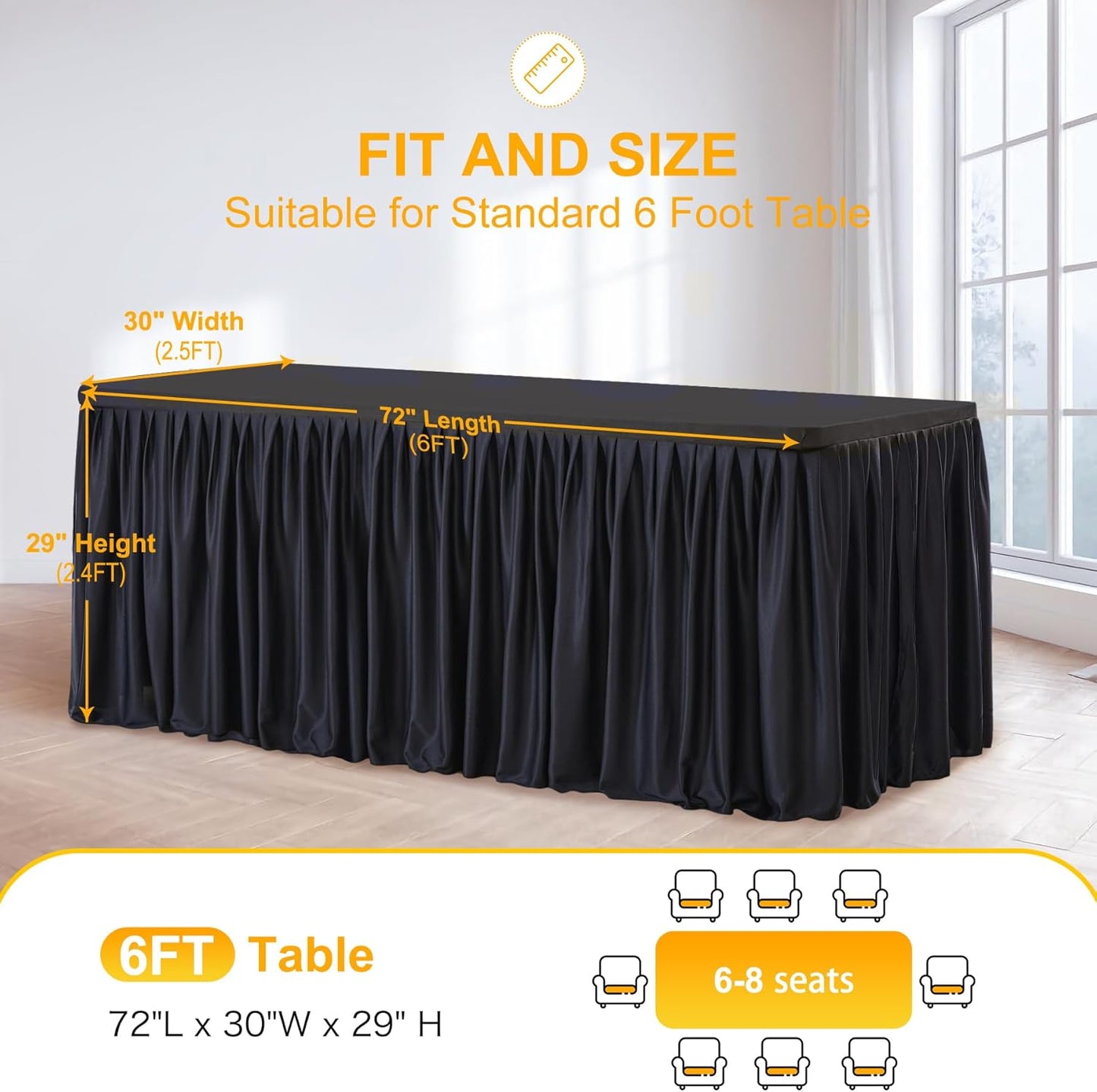 Black Table Clothes for Rectangle Tables 6ft, Wrinkle Resistant Fitted Table Cloth with Pleated Ruffle Skirts for Banquet Wedding Baby Shower Folding Tables