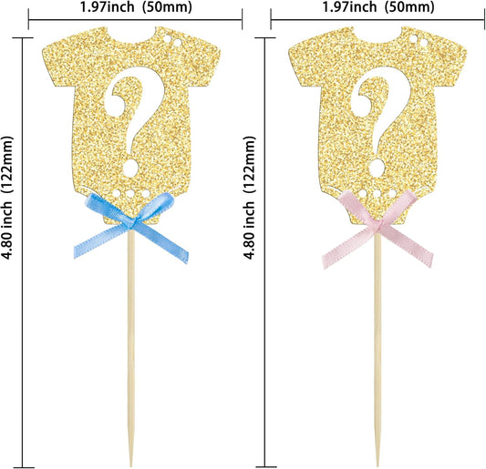 Ephlyn 24Pcs Gender Reveal Cupcake Toppers Glitter Pink Blue Bow Onesie Question Mark Boy or Girl Cake Topper Decorations for Baby Shower Theme Gender Reveal Kids Birthday Party Supplies Gold